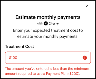 Image of the Treatment Cost field. $100 is in displayed in the field with an error message noting that it is too low.