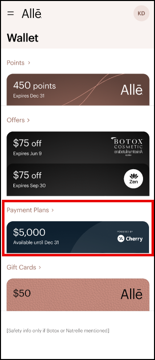 Screenshot of the Allē app showing a member's wallet with points, offers, Payment Plans, and Gift Cards. The Payment Plans section is highlighted. 