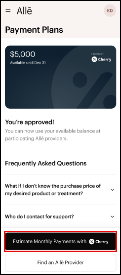 Screenshot of the Payment Plans section in the Allē app. The Estimate Monthly Payments with Cherry button is highlighted.